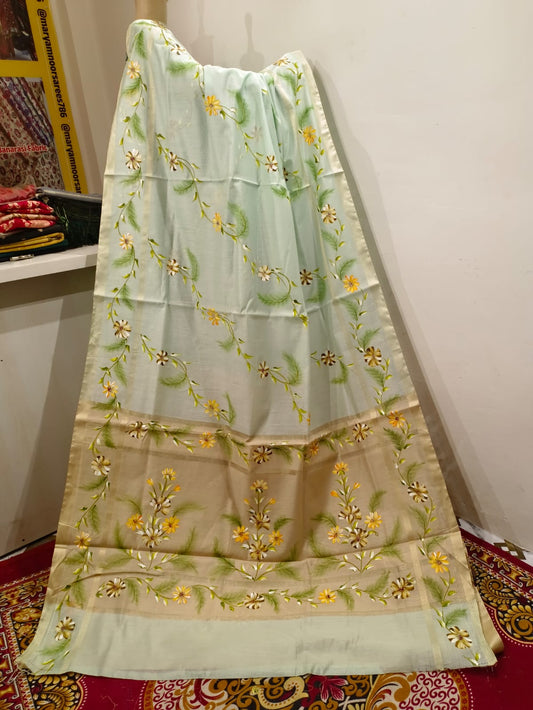 Lime Green White Cotton Digital Print Saree