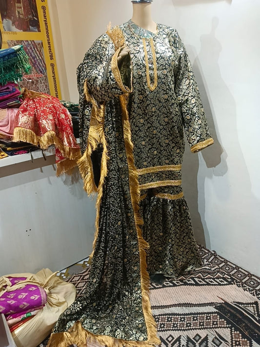Black Banarasi Khinkhab Gharara With Golden Work